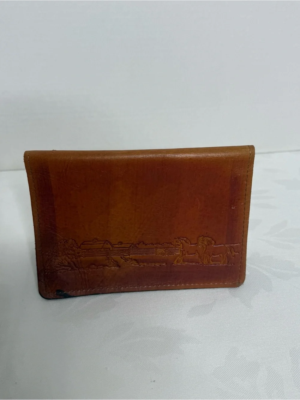 Vintage Leather Travel Wallet with Embossed Horse Scene - Brown